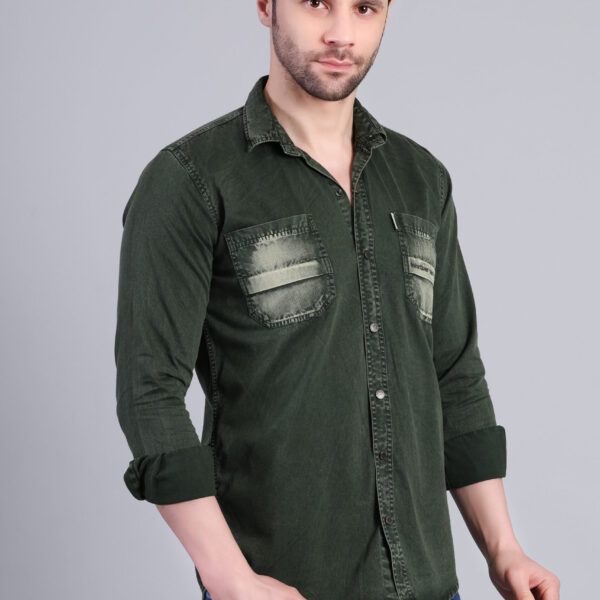 Olive Green Washed Denim Shirt